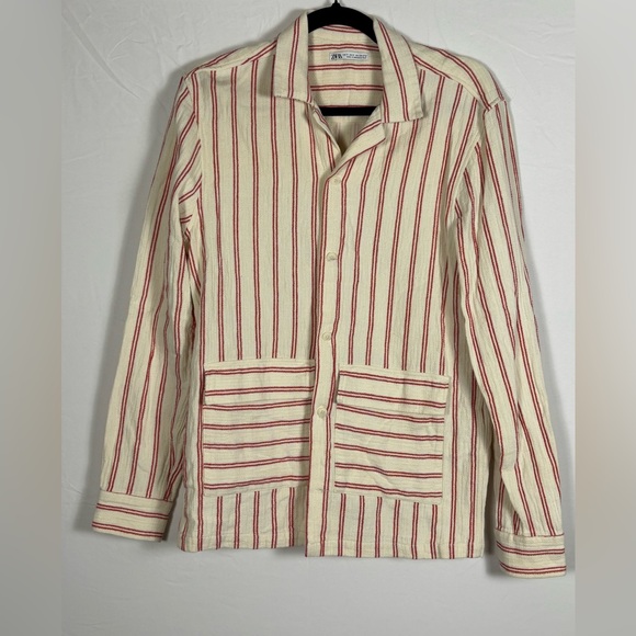 Zara Red Cream Striped Button Down Shirt- S - Picture 2 of 11